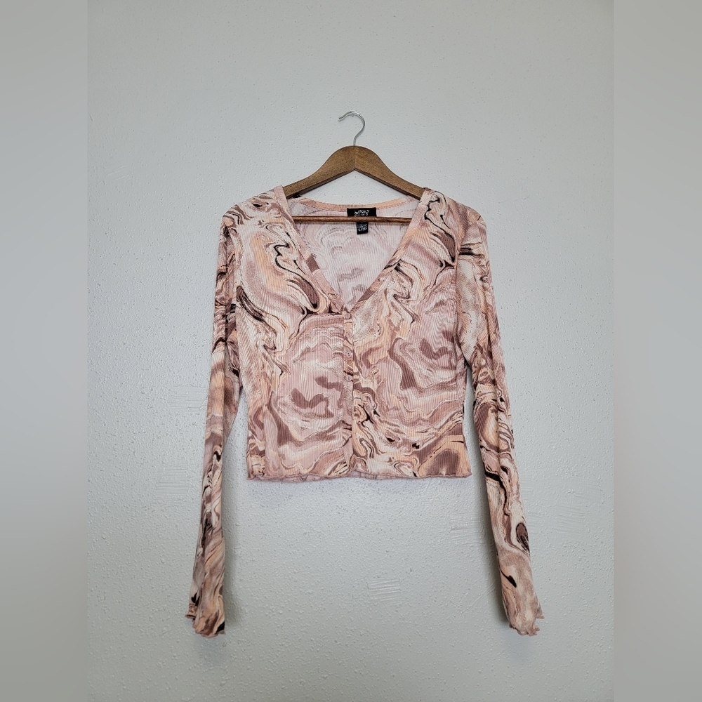 Just Polly Marble Print Long Sleeve Crop Top Blouse